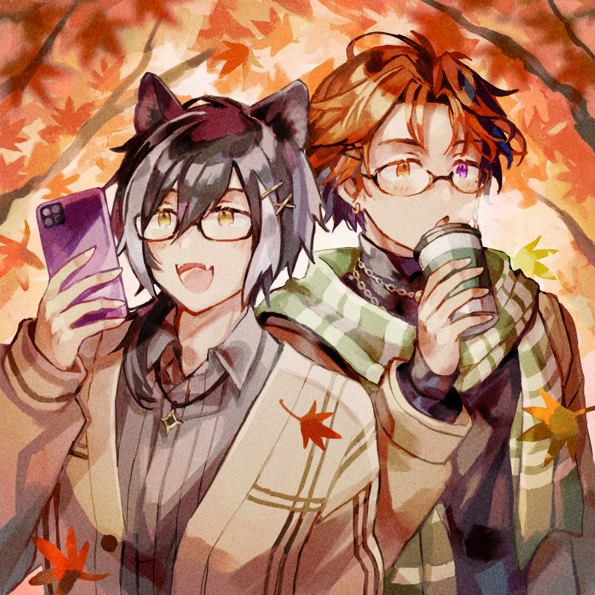 2boys absurdres animal_ears autumn autumn_leaves black_hair blush coffee_cup cup disposable_cup earrings glasses grey_shirt hair_between_eyes heterochromia highres holding holding_phone holostars jackal_boy jackal_ears jewelry kageyama_shien kunn03 leaf male_focus multicolored_hair multiple_boys open_mouth orange_hair outdoors phone purple_eyes scarf shirt short_hair standing streaked_hair tree two-tone_hair upper_body virtual_youtuber white_hair yellow_eyes yukoku_roberu