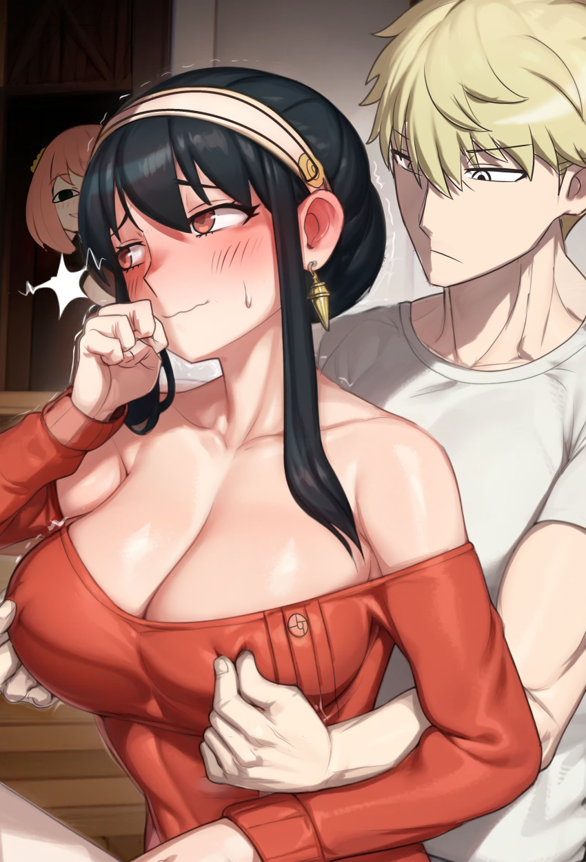 1boy 2girls absurdres anya's_heh_face_(meme) anya_(spy_x_family) bare_shoulders black_hair blonde_hair blush breasts cleavage earrings father_and_daughter geulimykun_(skbyunea413) hetero highres husband_and_wife implied_sex jewelry korean_commentary large_breasts long_sleeves meme mother_and_daughter multiple_girls nipple_tweak off-shoulder_sweater off_shoulder peeking_out pink_hair red_eyes red_sweater revision shirt sidelocks smile spy_x_family sweatdrop sweater trembling twilight_(spy_x_family) wavy_mouth white_shirt yor_briar