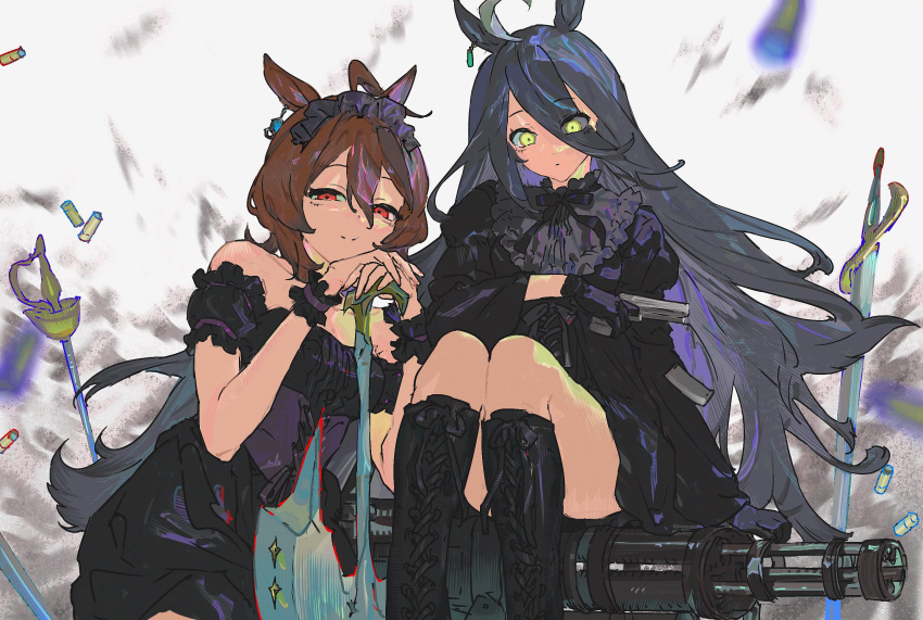 2girls agnes_tachyon_(umamusume) an1th1ngnb animal_ears axe bare_shoulders black_cape black_dress black_footwear black_gloves black_hair boots breasts brown_hair cape chemical_structure closed_mouth commentary_request dress earrings frills gatling_gun gloves gun hair_between_eyes half-closed_eyes handgun highres holding holding_gun holding_sword holding_weapon horse_ears horse_girl horse_tail jewelry knee_boots long_hair maid_headdress manhattan_cafe_(umamusume) medium_breasts minigun motion_blur multicolored_hair multiple_girls red_eyes scrunchie second-party_source shell_casing simple_background single_earring sitting sleeveless sleeveless_dress squatting streaked_hair sword tail umamusume weapon white_background white_hair wrist_scrunchie yellow_eyes