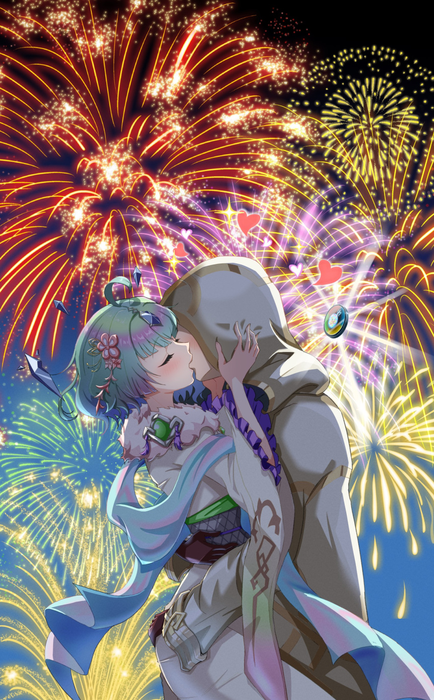 1boy 1girl absurdres arm_around_back bob_cut brown_gloves closed_eyes fire_emblem fire_emblem_heroes fireworks flower gloves hair_flower hair_ornament hetero highres hood hug japanese_clothes kimono kiran_(fire_emblem) kiran_(male)_(fire_emblem) kiss official_alternate_costume seidr_(fire_emblem) seidr_(new_year)_(fire_emblem) toriyoshi_(mmxn3582) white_kimono