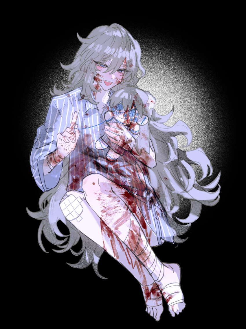 1boy angelica_(project_moon) argalia_(project_moon) bandaged_leg bandages blood blood_on_clothes blood_on_face blue_eyes character_doll gauze gauze_on_knee haloyxxxxxxx highres library_of_ruina long_hair looking_at_viewer male_focus open_mouth project_moon sitting smile solo very_long_hair white_hair