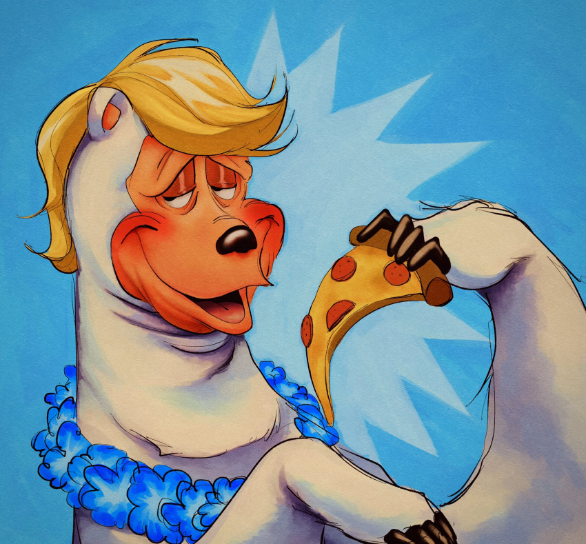 anthro beach_bear bear blue_background creative_engineering_incorporated daisiloou flower_necklace food hi_res holding_food holding_object looking_aside male mammal pizza polar_bear showbiz_pizza_place simple_background solo the_rock-afire_explosion ursine