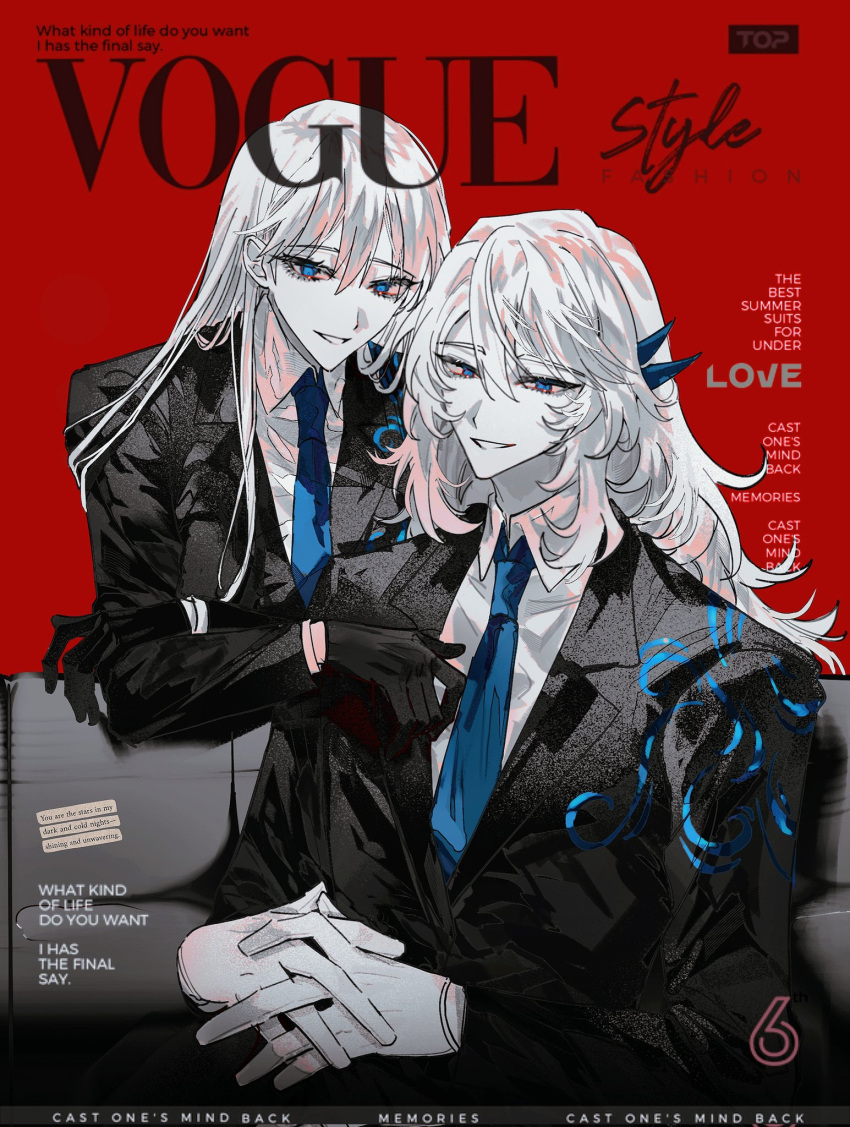 1boy 1girl angelica_(project_moon) argalia_(project_moon) black_gloves black_jacket blue_eyes blue_necktie brother_and_sister collared_shirt gloves haloyxxxxxxx highres jacket library_of_ruina long_hair long_sleeves looking_at_viewer necktie open_mouth project_moon shirt siblings sitting smile very_long_hair vogue_(magazine) white_gloves white_hair white_shirt