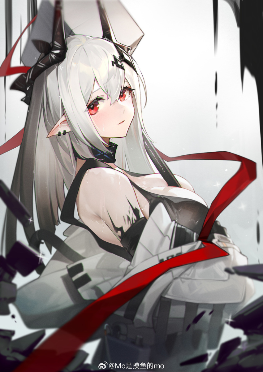 1girl arknights bare_shoulders between_breasts black_choker black_gloves black_sports_bra breasts choker cleavage commentary_request cowboy_shot demon_girl demon_horns ear_piercing from_side gloves gradient_hair grey_hair hammer highres holding holding_hammer horns infection_monitor_(arknights) jumpsuit long_hair long_sleeves looking_at_viewer momoco_momo mudrock_(arknights) mudrock_(elite_ii)_(arknights) multicolored_hair open_jumpsuit open_mouth oripathy_lesion_(arknights) piercing pointy_ears red_eyes red_ribbon ribbon sledgehammer solo sports_bra wet white_hair white_jumpsuit