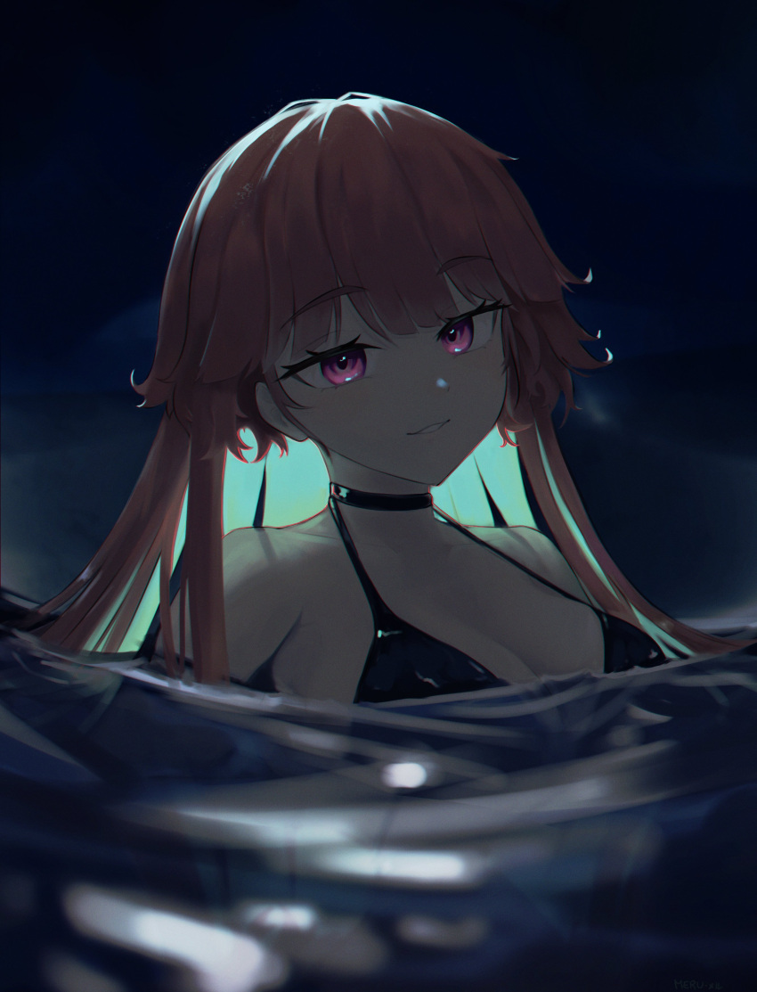 1girl absurdres afloat bikini black_bikini black_choker breasts choker colored_inner_hair green_hair highres hololive hololive_english large_breasts light_smile long_hair looking_at_viewer m3ru multicolored_hair night night_sky ocean orange_hair outdoors parted_lips partially_submerged purple_eyes sky solo swimsuit takanashi_kiara virtual_youtuber water