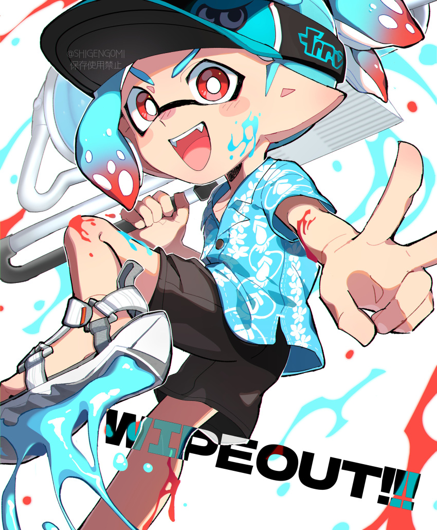 1boy :d absurdres artist_name black_shorts blue_hair blue_shirt bright_pupils commentary_request fangs flingza_roller_(splatoon) gradient_hair hawaiian_shirt highres holding holding_weapon inkling inkling_boy multicolored_hair open_mouth paint pointy_ears print_headwear red_eyes red_hair sandals shigeng0mi shirt short_hair shorts smile solo splatoon_(series) splatoon_3 teeth tentacle_hair two-tone_hair upper_teeth_only v v-shaped_eyebrows visor_cap weapon white_background white_footwear white_pupils