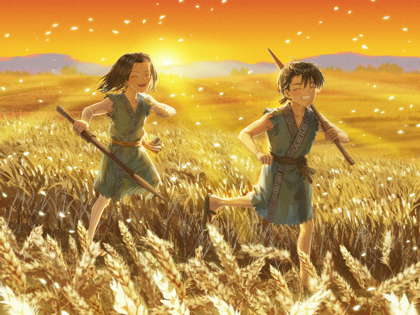 2boys aged_down bare_arms bare_shoulders black_hair carrying_over_shoulder child chinese_clothes closed_eyes commentary_request flip-flops floating_hair glowing glowing_petals grin hands_up happy highres holding holding_sword holding_weapon kingdom_(series) laughing male_focus mountainous_horizon multiple_boys orange_sky outstretched_arm over_shoulder petals ponytail ri_hyou road robe running sandals shin_(kingdom) short_hair sky smile sora_(akaisw) sun sunset sword torn_clothes torn_sleeves weapon weapon_over_shoulder wheat_field wooden_sword yellow_theme