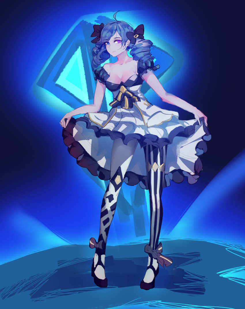 0_(909059100) 1girl absurdres ahoge bare_shoulders black_bow black_dress black_footwear bow breasts collarbone detached_sleeves dress drill_hair full_body grey_dress gwen_(league_of_legends) hair_bow highres league_of_legends long_hair medium_breasts pantyhose puffy_short_sleeves puffy_sleeves short_sleeves single_leg_pantyhose single_thighhigh smile solo standing striped_clothes striped_pantyhose thighhighs twin_drills twintails