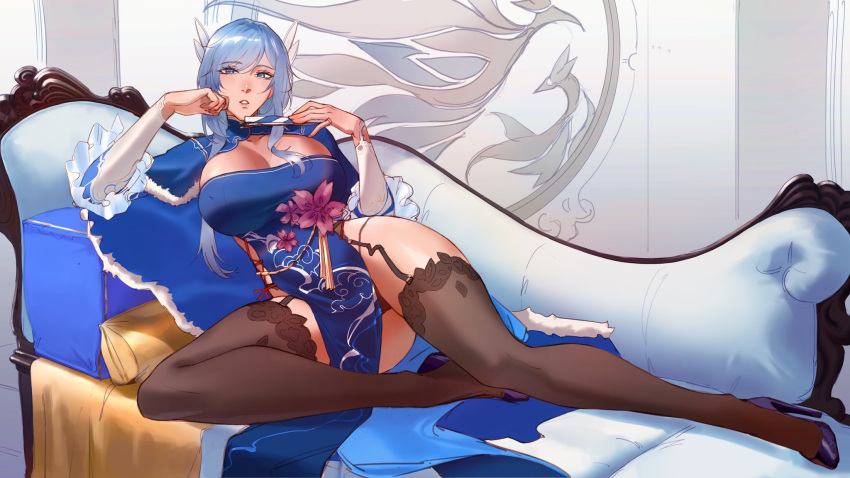 1girl black_panties black_thighhighs blue_cape blue_eyes blue_hair breasts cape chinese_clothes cleavage cleavage_cutout clothing_cutout commentary couch dangodes english_commentary full_body fur_trim garter_belt garter_straps hair_ornament hand_fan hand_on_own_cheek hand_on_own_face high_heels highres large_breasts legs long_bangs long_hair lying original panties pantyshot paper_fan parted_lips solo starsector thighhighs underwear