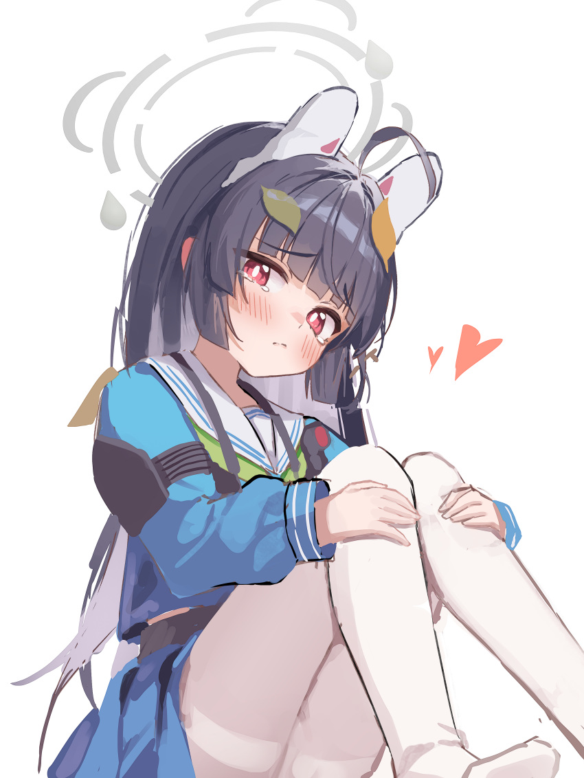 1girl absurdres ahoge alpha_beast animal_ears black_hair blue_archive blue_serafuku blue_skirt blush closed_mouth fake_animal_ears green_neckerchief grey_halo halo heart highres leaf leaf_on_head long_hair long_sleeves miyu_(blue_archive) neckerchief pantyhose pleated_skirt rabbit_ears red_eyes sailor_collar school_uniform serafuku simple_background skirt solo tears white_background white_pantyhose white_sailor_collar