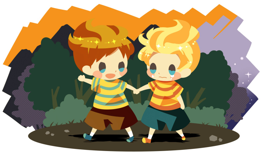 2boys blue_footwear border brown_hair brown_shorts claus_(mother_3) closed_mouth crying hitofutarai holding_hands lucas_(mother_3) male_focus mother_(game) mother_3 multiple_boys open_mouth orange_footwear shirt short_hair shorts striped_clothes striped_shirt tears tree walking white_border