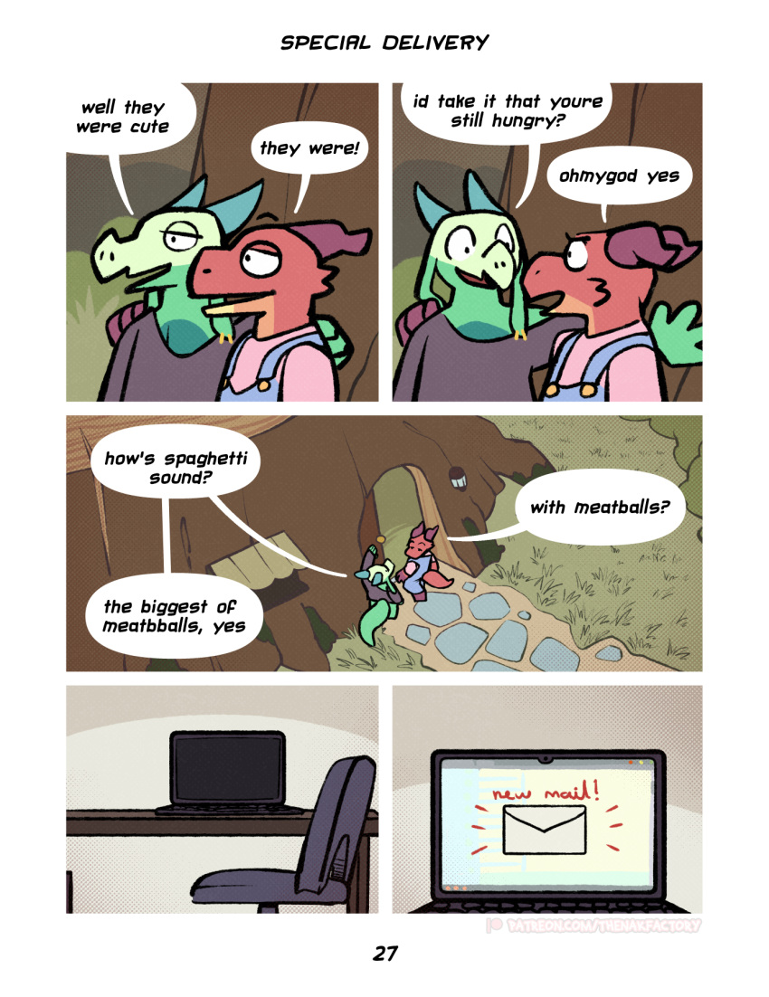 anthro brown_clothing brown_shirt brown_topwear chair clothed clothing comic computer desk dialogue door dozendav duo ear_piercing electronics embrace english_text eye_contact feezle_(dozendav) five_frame_image furniture grammatical_error green_body green_horn green_scales hand_on_shoulder hi_res horn hug kobold laptop long_ears looking_at_another male motch_(dozendav) outside overalls page_number patreon patreon_logo piercing red_body red_horn red_scales scales scalie shirt speech_bubble table text topwear url window
