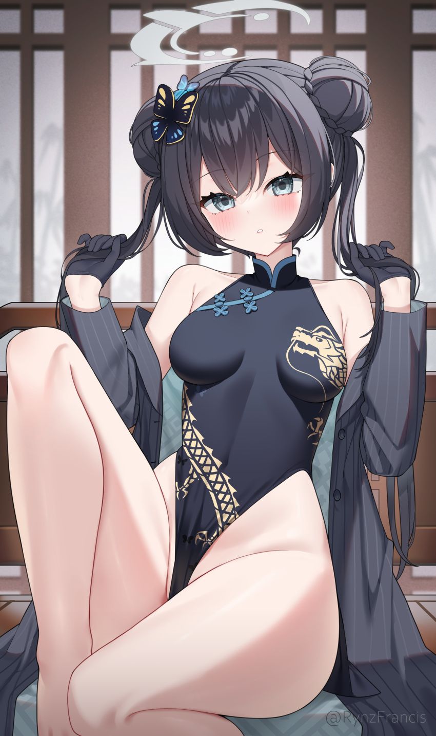 1girl absurdres black_dress black_gloves black_hair blue_archive blush breasts butterfly_hair_ornament china_dress chinese_clothes coat double_bun dragon_print dress gloves grey_coat grey_eyes grey_halo hair_bun hair_ornament halo highres kisaki_(blue_archive) long_hair long_sleeves looking_at_viewer parted_lips rynzfrancis small_breasts solo striped_clothes striped_coat thighs twintails twitter_username vertical-striped_clothes vertical-striped_coat
