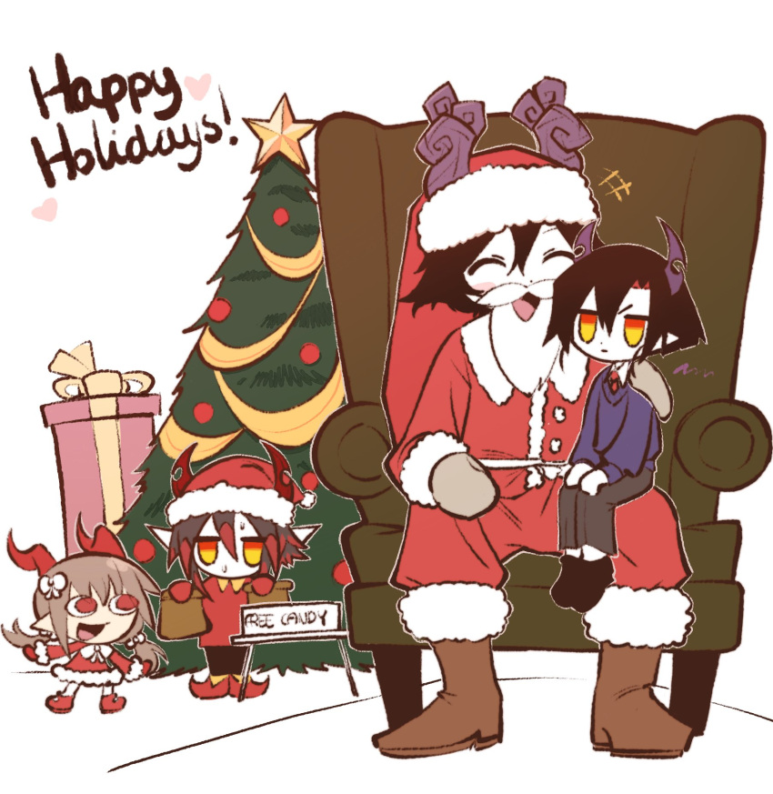 1girl 3boys bag beard black_hair blue_cardigan blush_stickers brown_footwear brown_hair cardigan chibi child christmas christmas_tree closed_eyes colored_skin demon_boy demon_girl demon_horns expressionless facial_hair fake_beard fake_facial_hair funamusea gift gloves grey_gloves haiiro_teien happy_holidays hat heart highres holding holding_bag horns ivlis_(haiiro_teien) licorice_(funamusea) low_twintails mob_face multicolored_hair multiple_boys open_mouth outline poemi_(haiiro_teien) pointy_ears purple_horns red_eyes red_footwear red_gloves red_hair red_horns red_shirt santa_costume santa_hat satanick_(funamusea) shirt short_hair short_twintails sitting sitting_on_lap sitting_on_person star_(symbol) sweat sweatdrop twintails two-tone_hair white_beard white_outline white_skin yellow_eyes yumeijenny