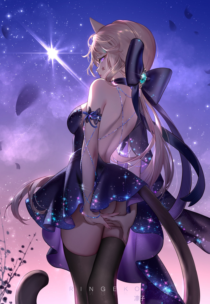 1girl absurdres alternate_costume animal_ears ass backless_outfit bare_back bare_shoulders black_bow black_dress black_thighhighs bow cat_ears cat_tail commentary dress facial_mark genshin_impact grey_hair hair_bow highres low_ponytail lynette_(genshin_impact) outdoors purple_eyes ringeko-chan sky solo sparkle star_(sky) starry_sky tail thighhighs thighs