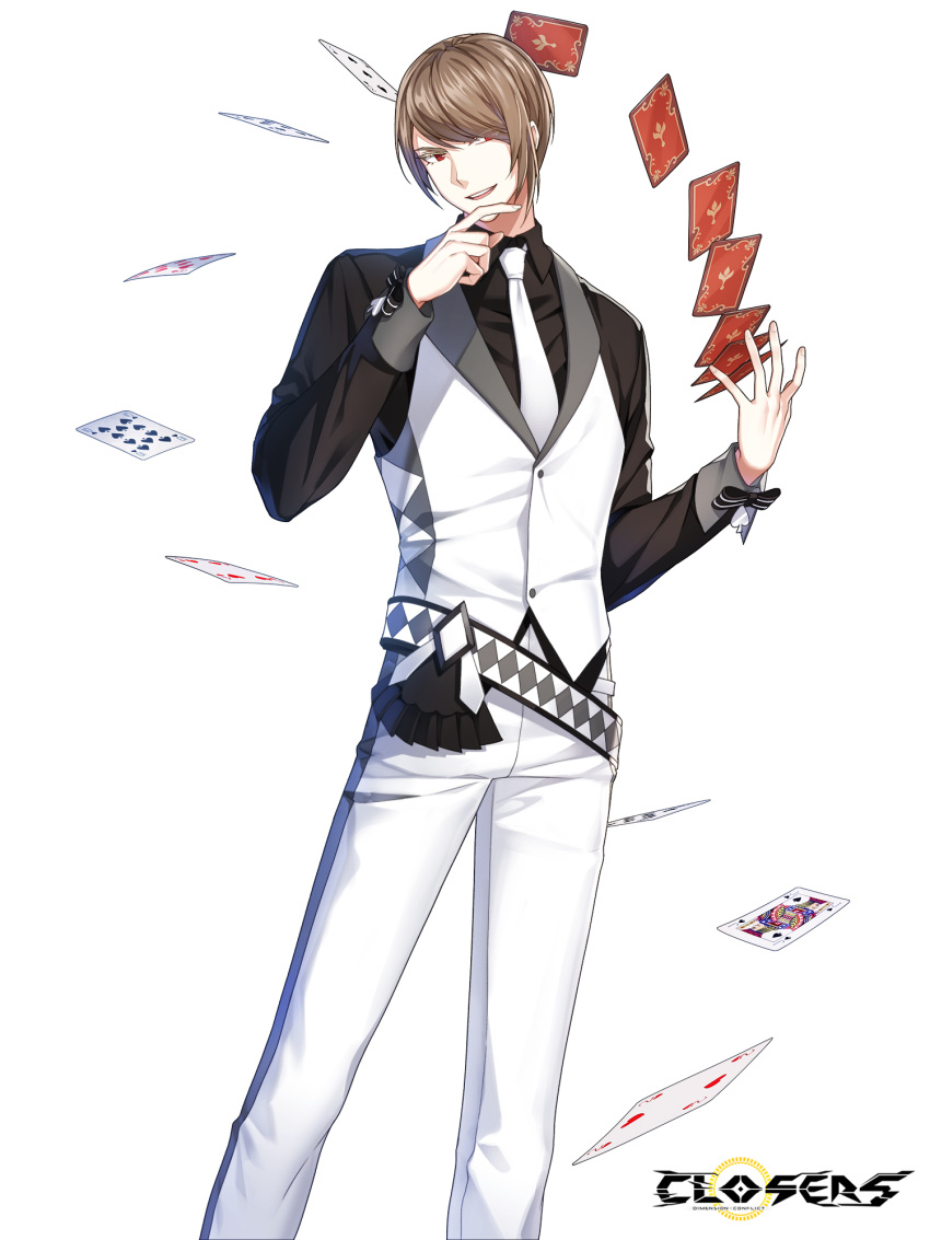 1boy :d alternate_hair_color belt black_shirt brown_hair card closers collared_shirt colored_eyelashes copyright_name croupier dress_pants dress_shirt eight_of_hearts facing_viewer feet_out_of_frame floating_card four_of_hearts hair_over_one_eye hand_on_own_chin hands_up highres jack_(playing_card) jack_of_spades legs_apart logo long_sleeves looking_to_the_side male_focus necktie official_art pants playing_card red_eyes shirt short_hair smile solo standing stroking_own_chin swept_bangs teeth ten_of_spades three_of_clubs tossing two_of_hearts upper_teeth_only vest waistcoat white_background white_belt white_necktie white_pants white_vest wolfgang_schneider