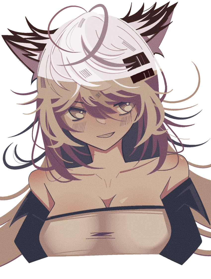 1girl 961 animal_ear_fluff animal_ears antenna_hair arknights bandeau bare_shoulders black_hair black_jacket blush breasts bright_pupils cleavage collarbone colored_inner_hair commentary cropped_torso facing_viewer fang film_grain grey_eyes grey_hair grin hair_between_eyes hair_ornament hairclip highres jacket lappland_(arknights) looking_afar looking_to_the_side messy_hair multicolored_hair muted_color off_shoulder open_clothes open_jacket parted_lips scar scar_across_eye scar_on_face shade shadow simple_background smile solo standing symbol-only_commentary teeth two-tone_hair upper_body variant_set white_background white_bandeau white_pupils wolf_ears wolf_girl