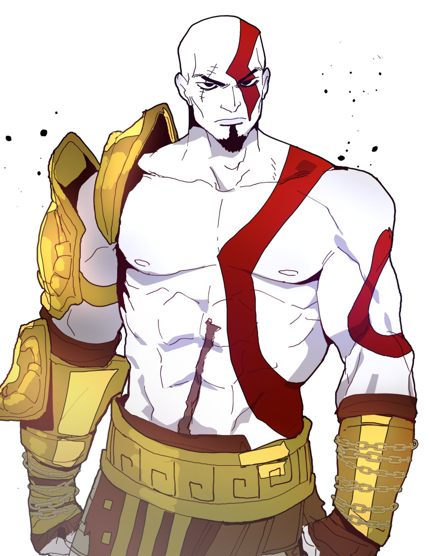 1boy abs absurdres armor arms_at_sides bald belt biceps black_eyes bodypaint chain chain_around_arm clenched_hands closed_mouth collarbone colored_skin cowboy_shot deltoids facial_hair goatee god_of_war gold_armor greek_key highres isaacchief300 kratos lips looking_at_viewer male_focus nipples nose obliques pectorals pelvic_curtain scar scar_across_eye scar_on_stomach shoulder_armor simple_background standing strongman_waist trapezius vambraces white_background white_skin