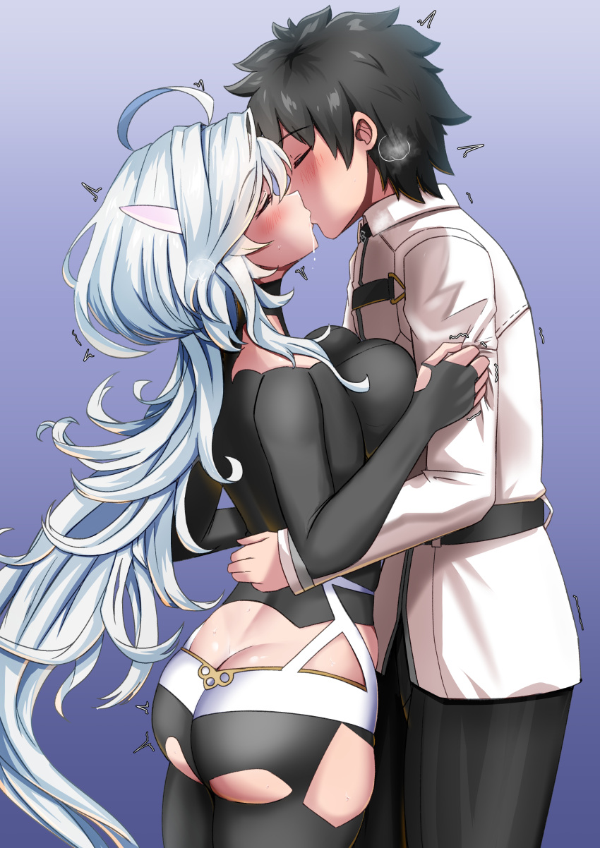 1boy 1girl absurdres arm_around_waist ass black_hair black_pants blush breast_press breasts chaldea_uniform closed_eyes commission fate/grand_order fate_(series) fingerless_gloves fujimaru_ritsuka_(male) gloves grabbing_another's_arm hetero highres kiss large_breasts long_hair long_sleeves merlin_(fate/prototype) pants pixiv_commission saliva steam white_hair yuzu_kiro