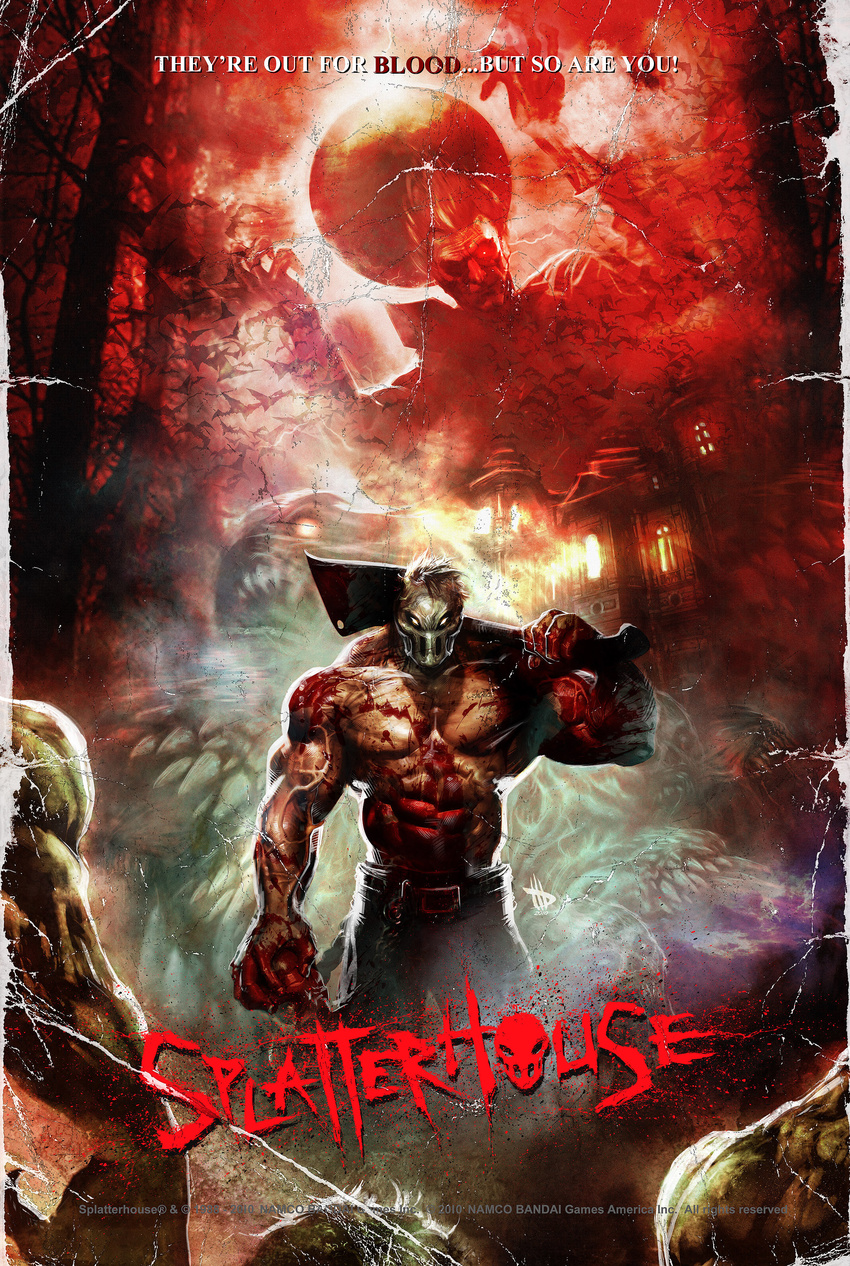 blood dave_wilkins dave_wilkins_(artist) death demon dr._west eclipse english_text female gore henry_west human male mammal meat_cleaver monster moon namco poster rick_taylor splatterhouse sun teeth terror_mask text video_games weapon