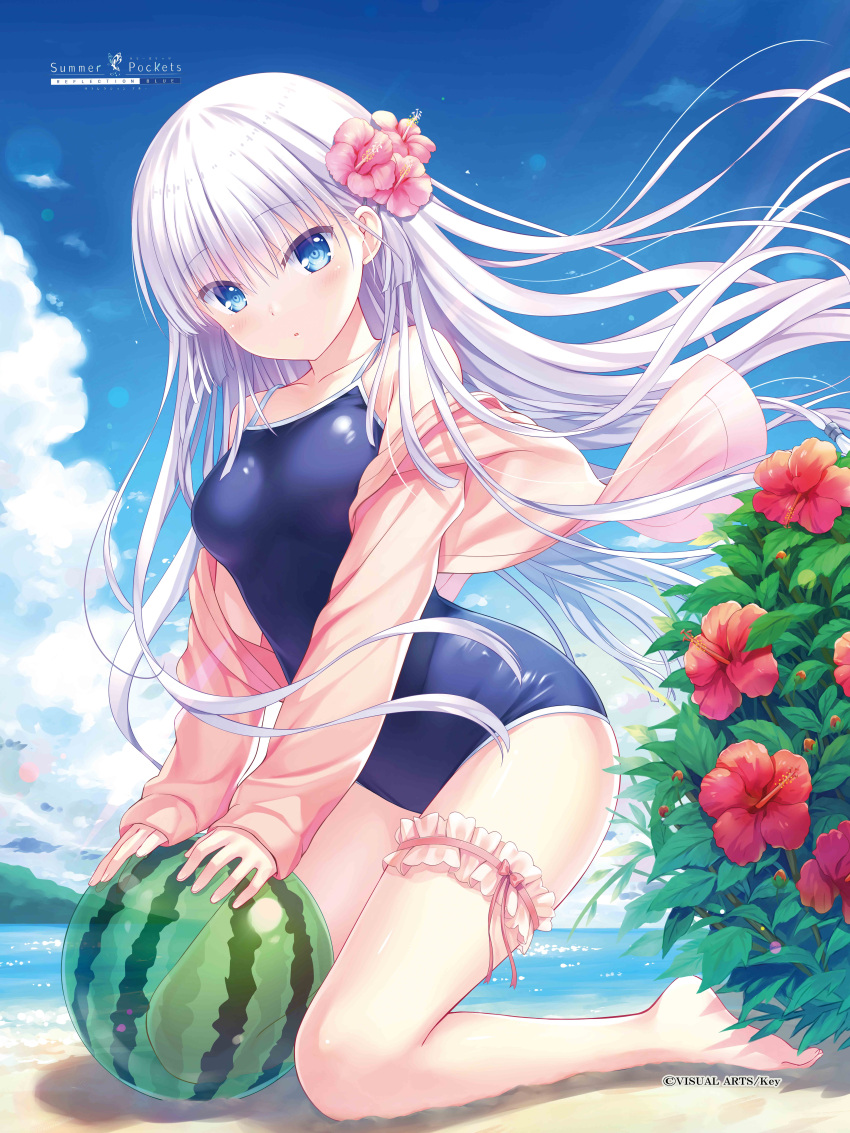 1girl absurdres ball barefoot beach beachball black_one-piece_swimsuit blue_eyes blue_sky blush breasts bush cloud day floating_hair flower hair_flower hair_ornament hibiscus highres incredibly_absurdres key_(company) kneeling leaf long_hair looking_at_viewer na-ga naruse_shiroha official_art one-piece_swimsuit outdoors red_flower school_swimsuit sky small_breasts solo summer_pockets sweater swimsuit thigh_strap very_long_hair white_hair