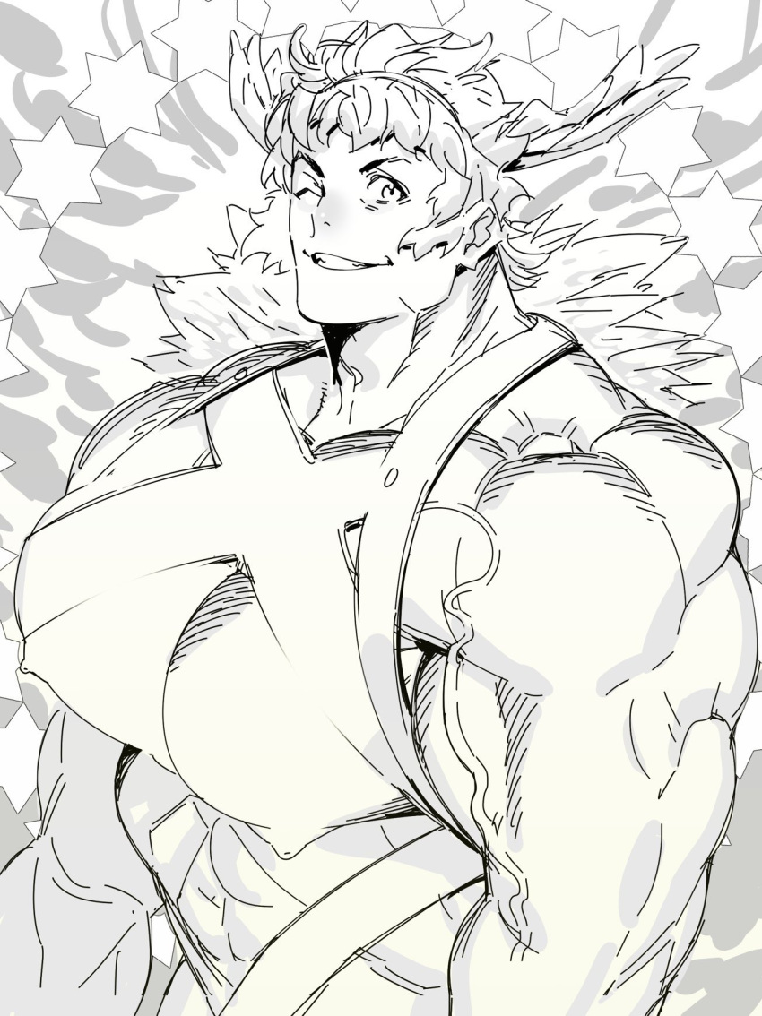 1boy bara character_request chest_harness granblue_fantasy greyscale grin halo_behind_head harness highres horns huge_pectorals looking_at_viewer mabataki male_focus monochrome muscular muscular_male nipples one_eye_closed short_hair smile solo thick_eyebrows upper_body veins veiny_arms