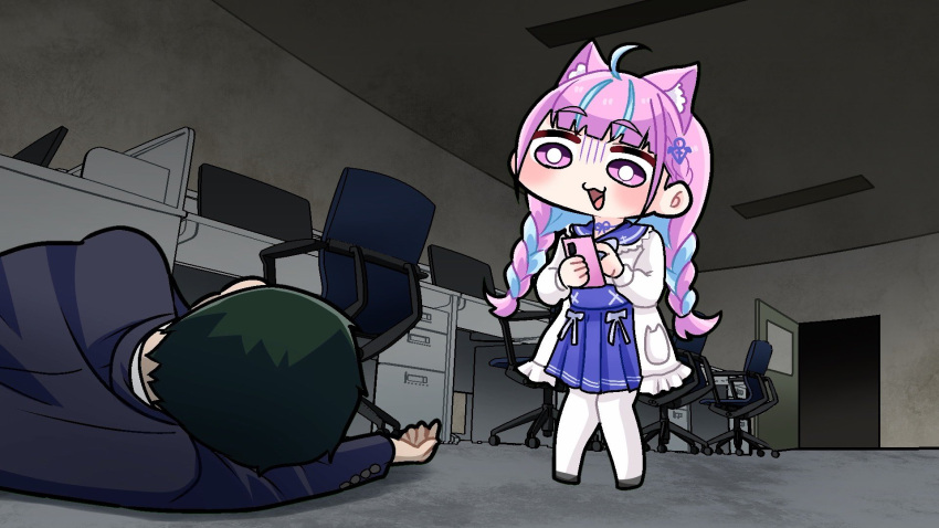 1boy 1girl ahoge animal_ears black_jacket blue_hair braid cat_ears cellphone chair commentary_request desk highres holding holding_phone hololive jacket komainu_channel low_twin_braids lying medium_skirt minato_aqua multicolored_hair night_security office_chair on_side open_door pantyhose phone pink_eyes pink_hair pleated_skirt skirt smartphone streaked_hair swivel_chair twin_braids two-tone_hair virtual_youtuber white_pantyhose yagoo