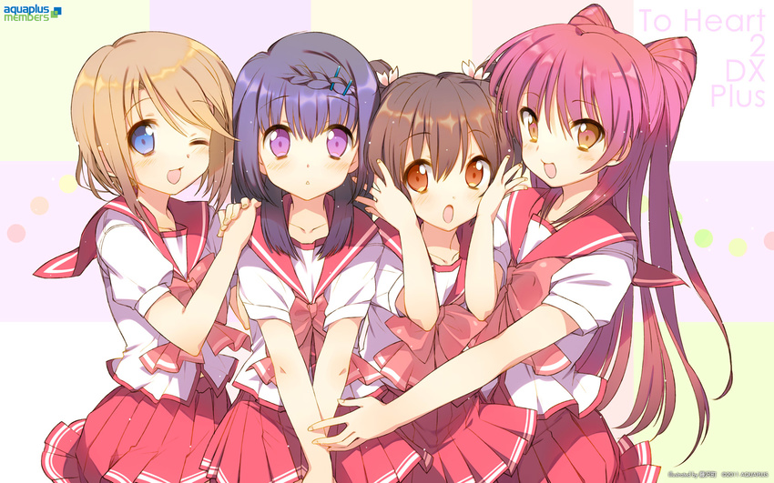 4girls :d :o ;d artist_name bangs blue_eyes blue_hair bob_cut bow bowtie braid brown_hair company_name copyright_name folded_ponytail french_braid fujisawa_machi hair_ornament hairclip hand_on_another's_shoulder hanesaki_mio highres komaki_manaka kousaka_tamaki large_bow long_hair looking_at_viewer multiple_girls one_eye_closed open_mouth outstretched_arm pleated_skirt purple_eyes purple_hair red_eyes red_hair red_skirt ribbon school_uniform serafuku short_hair side-by-side single_braid skirt smile swept_bangs to_heart_2 twintails two_side_up v_arms wallpaper watermark yuzuhara_konomi