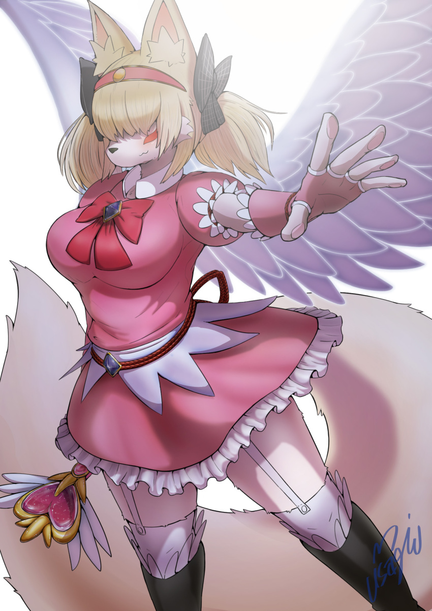 accessory anthro big_tail blonde_hair bow_ribbon breasts canid canine cheek_markings clothing clothing_bow facial_markings feathered_wings feathers female fingerless_gloves fingers fluffy fox frilly frilly_clothing fur garter_straps gloves hair hair_accessory hair_bow hair_over_eyes hair_ribbon handwear head_markings hi_res hidden_eyes inner_ear_fluff kemono legwear magical_girl_outfit magical_girl_wand mammal markings osaki_fushimi pawpads ribbons short_twintails solo straight_arm tail tamamo-chan's_a_fox thigh_highs tuft usagin wand white_body white_fur wings
