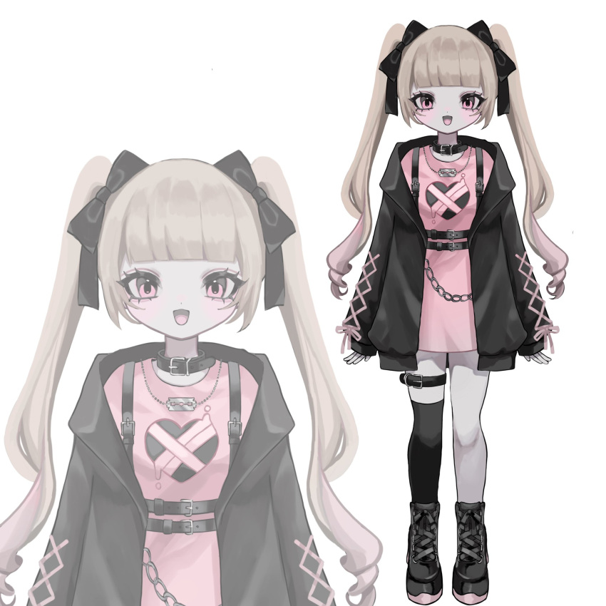 1girl animal_collar black_footwear black_jacket black_ribbon black_thighhighs blunt_bangs chain collar commission dress full_body hair_ribbon highres indie_virtual_youtuber jacket jewelry long_hair looking_at_viewer muni_(vtuber) necklace open_clothes open_jacket open_mouth pink_dress pink_eyes pink_ribbon razor_blade ribbon second-party_source shiona_(siona0625) short_dress simple_background single_thighhigh sleeves_past_wrists smile standing straight-on thigh_strap thighhighs twintails upper_body watermark white_background zoom_layer