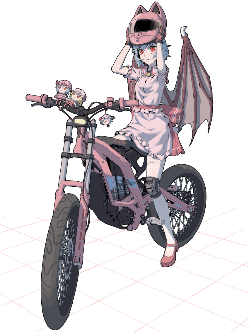 1girl absurdres animal_ears_helmet arms_up bicycle blue_hair bow cat_helmet collared_shirt demon_wings frilled_shirt_collar frilled_skirt frilled_sleeves frills full_body fumo_(doll) gloves grid highres knee_pads looking_at_viewer mary_janes parted_lips pink_headwear pink_shirt pink_skirt red_eyes red_footwear red_gloves remilia_scarlet removing_helmet riding riding_bicycle shirt shoes short_hair short_sleeves skirt sleeve_garter slit_pupils solo thighhighs touhou waist_bow white_background white_thighhighs wings youpofen yukkuri_shiteitte_ne