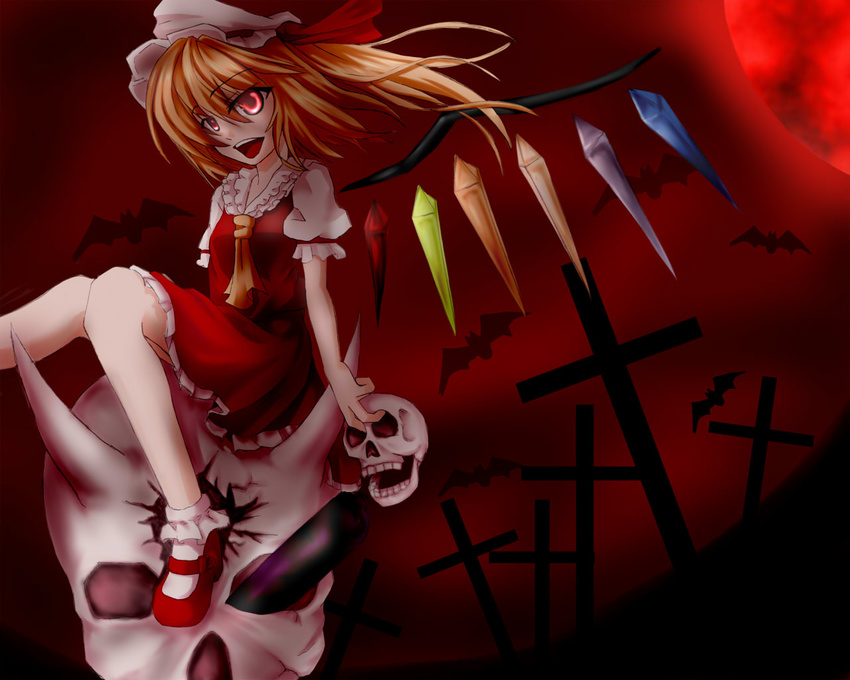 ascot bat blonde_hair cross dress error flandre_scarlet frills hat hat_ribbon looking_at_viewer mary_janes moon open_mouth pale_skin red_background red_moon ribbon shoes short_hair short_sleeves side_ponytail sitting skull smile solo takamachi touhou wings