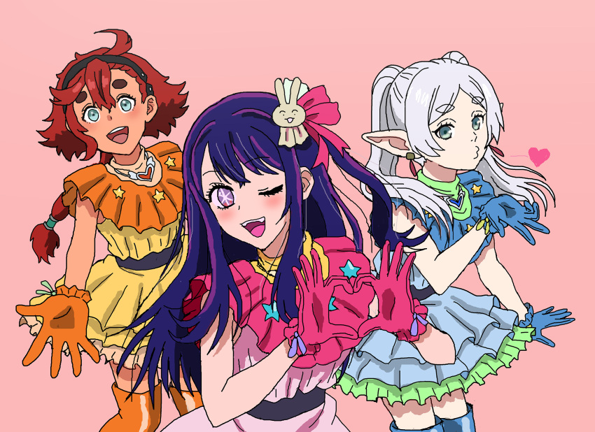 3girls aqua_eyes black_hairband blowing_kiss blue_gloves commentary_request cosplay crossover dress earrings frieren frilled_dress frills gloves gundam gundam_suisei_no_majo hair_ornament hairband heart heart_hands highres hoshino_ai_(oshi_no_ko) hoshino_ai_(oshi_no_ko)_(cosplay) idol jewelry long_hair low-tied_long_hair multiple_crossover multiple_girls open_mouth orange_gloves oshi_no_ko pink_gloves pointy_ears ponytail puckered_lips purple_eyes purple_hair rabbit_hair_ornament red_hair shideboo_(shideboh) smile sousou_no_frieren suletta_mercury thick_eyebrows twintails white_hair