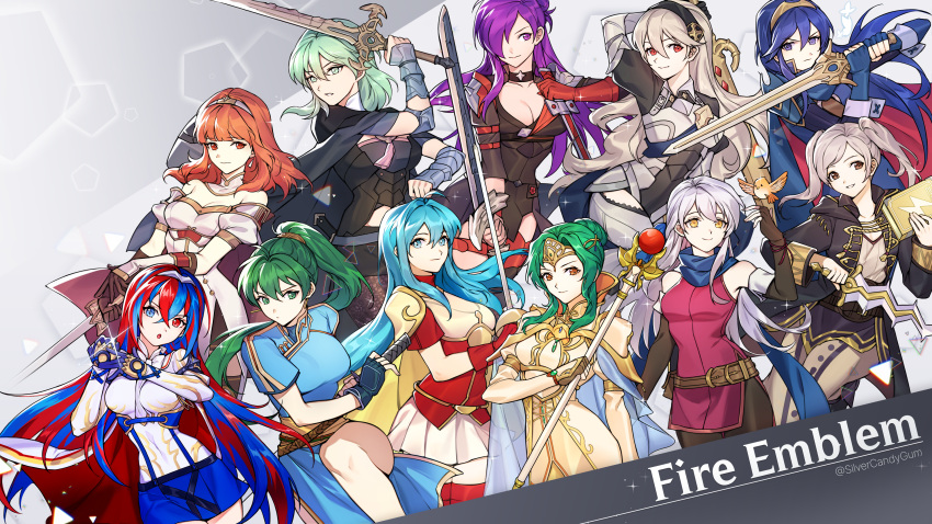 6+girls :o absurdres alear_(female)_(fire_emblem) alear_(fire_emblem) armor bare_shoulders belt black_choker black_gloves black_hairband black_robe blue_dress blue_eyes blue_hair blue_scarf blue_skirt book breastplate breasts byleth_(female)_(fire_emblem) byleth_(fire_emblem) celica_(fire_emblem) choker cleavage commentary commission corrin_(female)_(fire_emblem) corrin_(fire_emblem) dress eirika_(fire_emblem) elbow_gloves elincia_ridell_crimea falchion_(fire_emblem) fingerless_gloves fire_emblem fire_emblem:_radiant_dawn fire_emblem:_the_blazing_blade fire_emblem:_the_sacred_stones fire_emblem:_three_houses fire_emblem_awakening fire_emblem_echoes:_shadows_of_valentia fire_emblem_engage fire_emblem_fates fire_emblem_warriors:_three_hopes gloves green_eyes green_hair grey_hair hair_over_one_eye hairband heterochromia highres holding holding_book holding_staff holding_sword holding_weapon levin_sword long_hair long_sleeves looking_at_viewer lucina_(fire_emblem) lyn_(fire_emblem) micaiah_(fire_emblem) miniskirt multicolored_hair multiple_girls off-shoulder_dress off_shoulder open_mouth pauldrons pink_hair pixiv_commission purple_dress purple_eyes purple_hair rapier red_eyes red_hair red_shirt robe robin_(female)_(fire_emblem) robin_(fire_emblem) scarf shez_(female)_(fire_emblem) shez_(fire_emblem) shirt short_dress short_sleeves shoulder_armor silvercandy_gum skirt sleeveless sleeveless_dress staff streaked_hair sword sword_of_the_creator tiara twintails very_long_hair weapon white_hair white_shirt yato_(fire_emblem) yellow_eyes