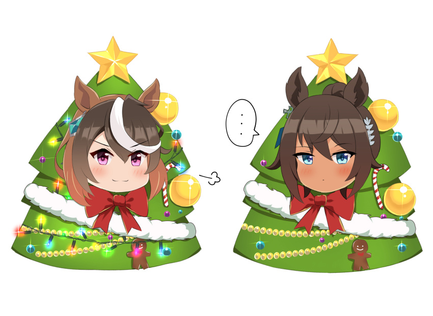 ... 2girls animal_ears blush bow brown_hair candy candy_cane christmas_tree_costume commentary_request cosplay doyagao earrings food gingerbread_man hair_between_eyes highres himuraanzu horse_ears horse_girl jewelry looking_at_viewer multicolored_hair multiple_girls official_alternate_costume puff_of_air red_bow simple_background single_earring smug spoken_ellipsis star_(symbol) streaked_hair symboli_kris_s_(umamusume) symboli_rudolf_(christmas_emperor_tree)_(umamusume) symboli_rudolf_(umamusume) symboli_rudolf_(umamusume)_(cosplay) umamusume white_background white_hair