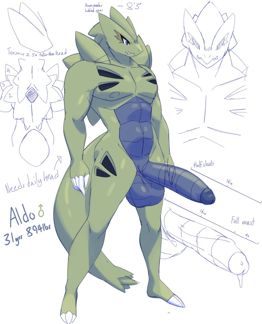 2024 3_toes 4_fingers aldo_(dullyarts) anthro athletic athletic_male balls big_balls big_penis blue_body blue_glans blue_scales bodily_fluids character_name claws colored_sketch dripping dullyarts english_text erection eye_scar facial_scar fangs feet finger_claws fingers gender_symbol generation_2_pokemon genital_fluids genitals glans green_body half-erect head_spikes hi_res huge_penis information long_penis male male_symbol model_sheet nintendo pecs penis pokemon pokemon_(species) precum precum_drip rear_view scales scalie scar sharp_teeth simple_background sketch solo spiked_tail spikes spikes_(anatomy) standing symbol tail teeth text toes tyranitar white_background