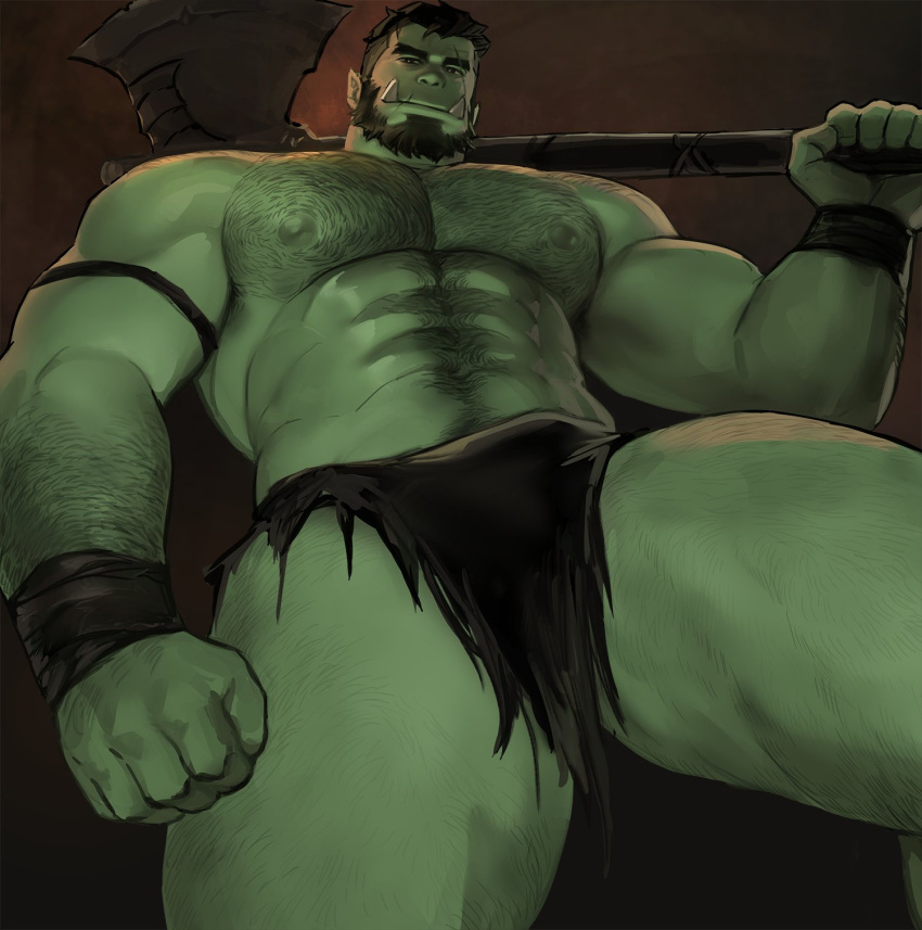 1boy abs armpit_hair armpit_hair_peek axe bara battle_axe beard bulge colored_skin dopey_(dopq) facial_hair feet_out_of_frame from_below full_beard green_skin hairy highres holding holding_axe large_pectorals leg_hair loincloth looking_at_viewer looking_down male_focus mature_male monster_boy muscular muscular_male navel navel_hair nipples orc original over_shoulder pectorals pointy_ears scar scar_across_eye scar_on_face scar_on_mouth short_hair solo sparse_leg_hair stomach strongman_waist thick_arm_hair thick_beard thick_chest_hair thick_eyebrows thick_navel_hair thick_thighs thighs topless_male tusks weapon weapon_over_shoulder