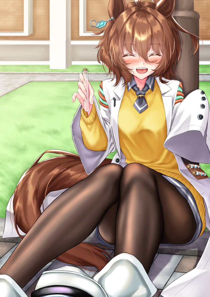 1girl absurdres agnes_tachyon_(umamusume) ahoge animal_ears bandolier black_necktie black_pantyhose blush brown_hair closed_mouth commentary_request earrings grass hair_between_eyes highres holding holding_test_tube horse_ears horse_girl horse_tail jewelry knees_up looking_at_viewer manu_lee necktie outdoors pantyhose red_eyes short_hair single_earring sitting sleeves_past_fingers sleeves_past_wrists smile solo_focus sweater_vest tail test_tube translation_request umamusume very_long_sleeves white_footwear yellow_sweater_vest