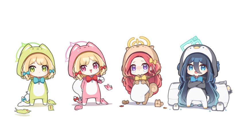 absurdres animal animal_costume banana_(banana_draw) blonde_hair blue_archive blue_bow blush bow cat cat_costume chibi full_body green_eyes green_halo hair_bow halo highres long_sleeves looking_at_viewer midori_(blue_archive) momoi_(blue_archive) pink_halo red_bow red_eyes short_hair simple_background standing white_background