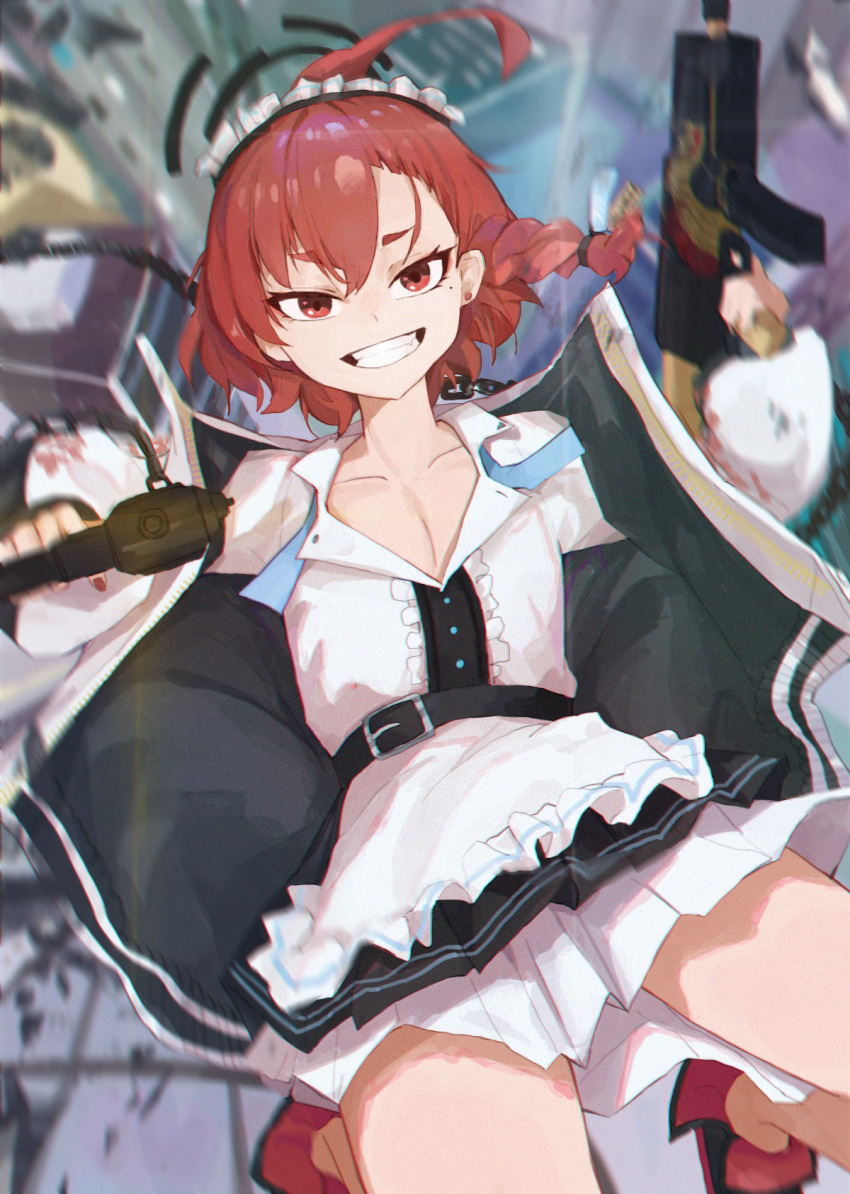 1girl ahoge apron belt black_belt black_dress blue_archive braid center_frills dress dual_wielding frills grin gun highres holding holding_gun holding_weapon jacket jianjia long_hair long_sleeves looking_at_viewer maid maid_headdress mole mole_under_eye neru_(blue_archive) red_eyes red_footwear red_hair shoes single_braid smile solo sukajan weapon white_apron