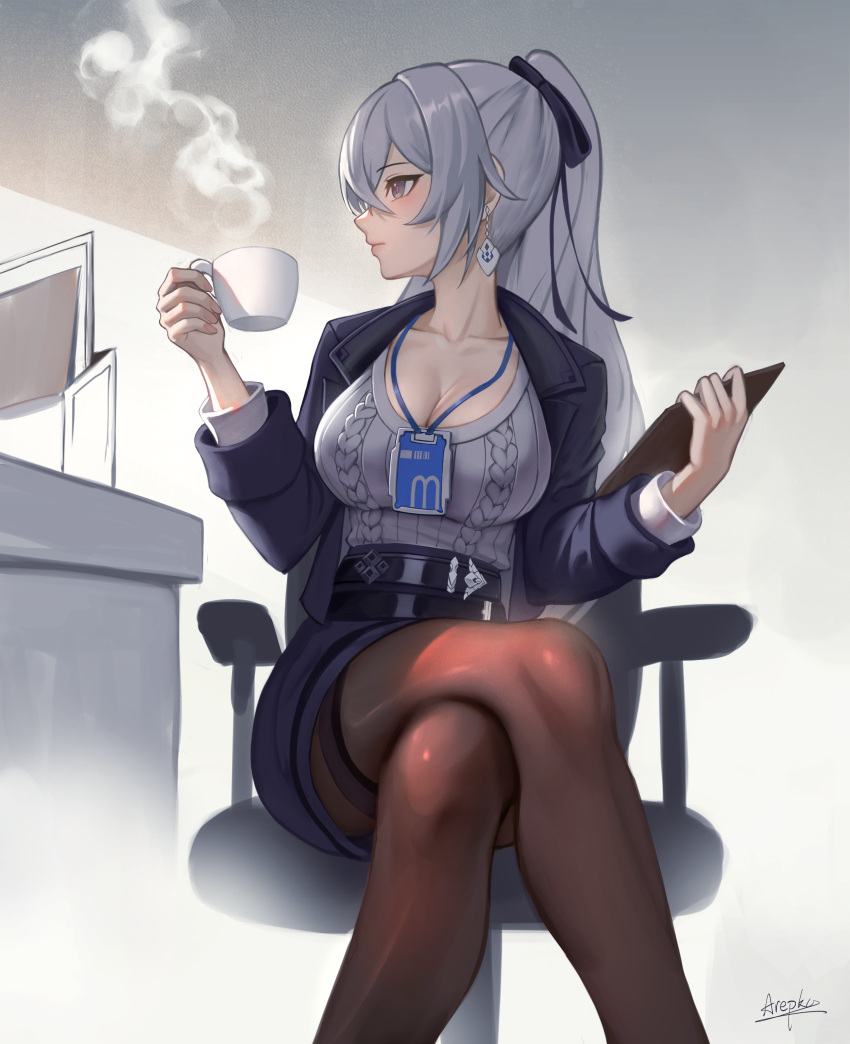 1girl absurdres alternate_costume arepko belt black_jacket black_skirt blush breasts bronya_zaychik brown_eyes brown_jacket chair clipboard closed_mouth crossed_legs cup earrings grey_hair grey_sweater highres holding holding_clipboard holding_cup honkai_(series) honkai_impact_3rd id_card indoors jacket jewelry large_breasts long_hair long_sleeves looking_to_the_side office_chair office_lady open_clothes open_jacket ponytail profile signature sitting skirt solo steam sweater swivel_chair