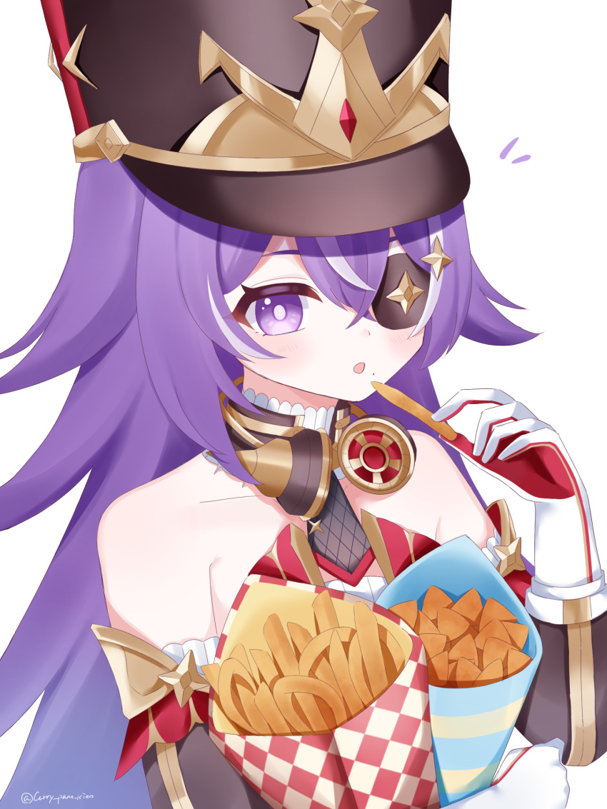 1girl :o bare_shoulders black_headwear chevreuse_(genshin_impact) commentary detached_sleeves earmuffs_around_neck eyepatch food french_fries genshin_impact gloves hat highres holding holding_food kino_(curry_pan) mole mole_under_mouth multicolored_hair onion_rings open_mouth purple_eyes purple_hair shako_cap simple_background solo streaked_hair upper_body white_background white_gloves white_hair