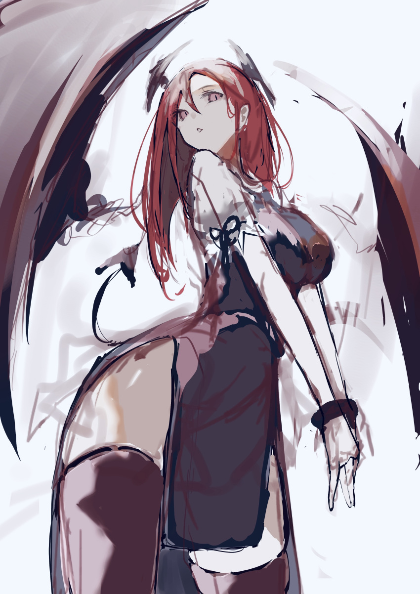 1girl absurdres bat_wings black_skirt black_thighhighs black_vest bound bound_wrists breasts demon_tail hair_between_eyes head_wings highres koakuma large_breasts large_wings long_hair looking_at_viewer po_(anhk5528) red_eyes red_hair shirt short_sleeves side_slit sidelocks simple_background sketch skindentation skirt skirt_set slit_pupils solo tail thighhighs touhou v_arms vest white_background white_shirt wings zettai_ryouiki