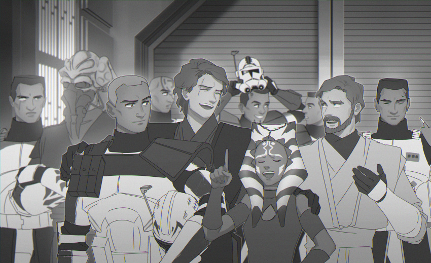 0109_(artist) 1girl 6+boys ahsoka_tano anakin_skywalker appo_(star_wars) armor captain_rex clone_trooper clone_trooper_helmet cody_(star_wars) fives_(star_wars) greyscale highres jedi jesse_(star_wars) kel_dor laughing monochrome multiple_boys obi-wan_kenobi plo_koon scar star_wars star_wars:_the_clone_wars togruta