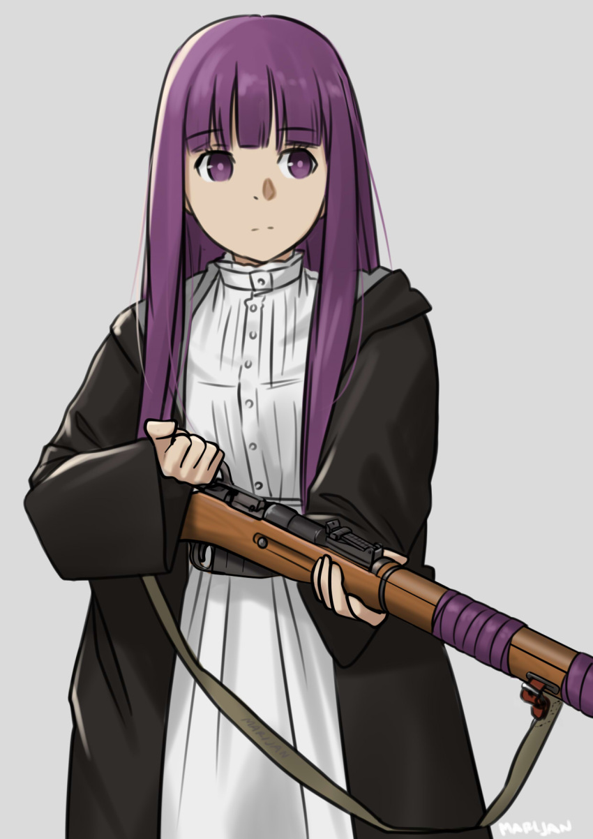 black_jacket bolt_action dress fern_(sousou_no_frieren) gun gun_sling highres jacket mardjan mosin-nagant purple_eyes purple_hair rifle sousou_no_frieren weapon white_dress