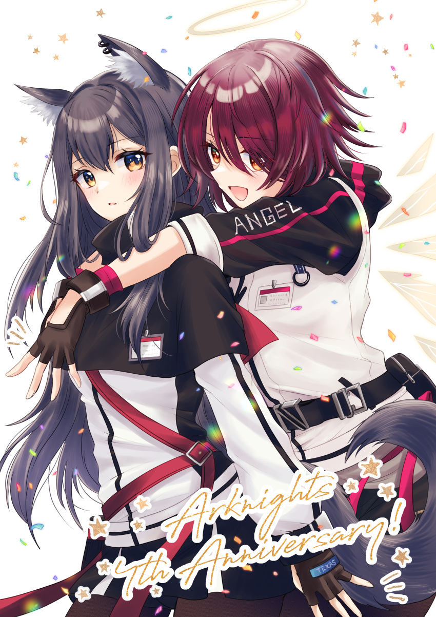 :d absurdres animal_ear_fluff animal_ears arknights ass belt black_capelet black_gloves black_hair black_pantyhose blush buckle capelet chiwa_(chiwawanwan1206) clothes_writing confetti cowboy_shot detached_wings energy_wings extra_ears exusiai_(arknights) fingerless_gloves gloves halo highres huge_ass id_card jacket long_hair long_sleeves looking_at_viewer orange_eyes pantyhose parted_lips red_hair short_hair simple_background smile tail texas_(arknights) white_background white_jacket wings wolf_ears wolf_girl wolf_tail yellow_eyes
