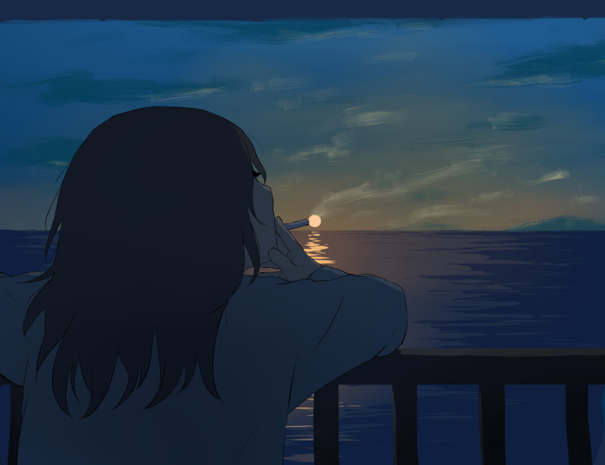 1boy absurdres against_railing avogado6 cigarette cloud commentary from_behind grey_hair highres holding holding_cigarette light_reflection_(water) long_hair long_sleeves looking_to_the_side ocean original railing shirt smoking solo sunrise white_shirt