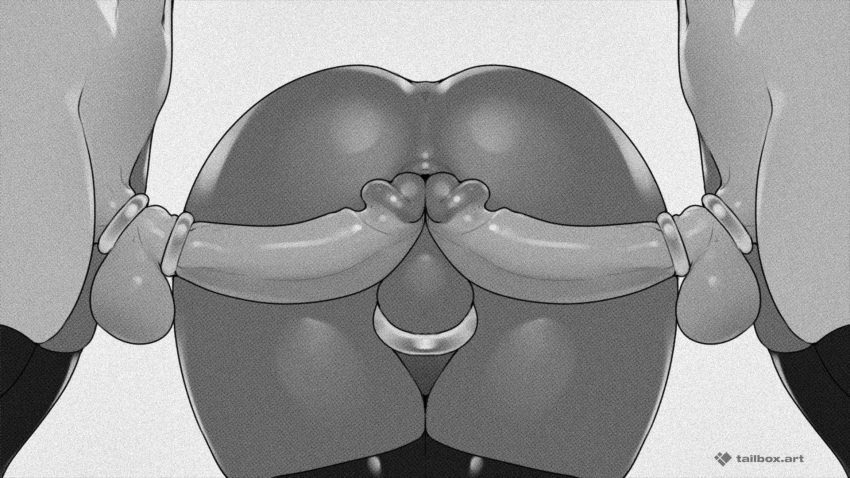 3boys anus artist_name ass cock_ring greyscale highres large_penis male_focus monochrome multiple_boys original penis sex_toy tailbox testicles thighhighs