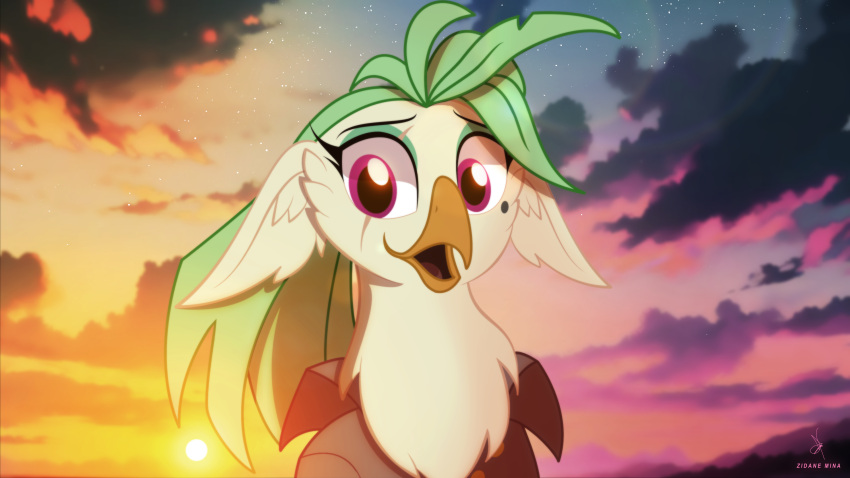 2023 absurd_res anthro avian beak bird captain_celaeno_(mlp) chest_tuft clothing cloud eye_scar eyebrows eyelashes facial_scar feather_hair feathers female friendship_is_magic green_hair hair hasbro hi_res inner_ear_fluff looking_at_viewer my_little_pony my_little_pony:_the_movie_(2017) open_beak open_mouth parrot pseudo_hair purple_eyes scar solo sun tan_body tuft zidanemina