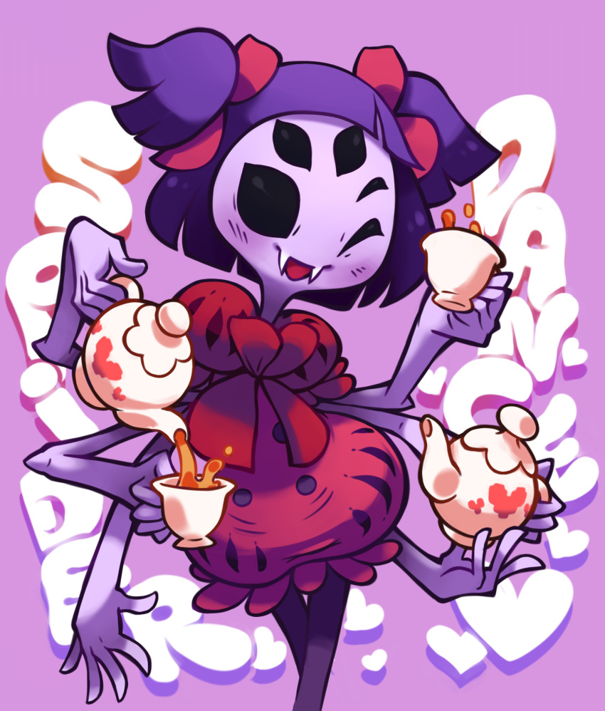 1girl arthropod_girl black_eyes bow colored_skin commentary cup dress english_commentary english_text extra_arms extra_eyes fangs feet_out_of_frame hair_bow heart heart_print highres holding holding_teapot light_blush limb92 looking_at_viewer monster_girl muffet one_eye_closed open_mouth pink_background pouring puffy_dress puffy_short_sleeves puffy_sleeves purple_hair purple_skin red_bow red_dress short_hair short_sleeves short_twintails simple_background smile solid_eyes solo spider_girl tea teacup teapot text_background twintails undertale